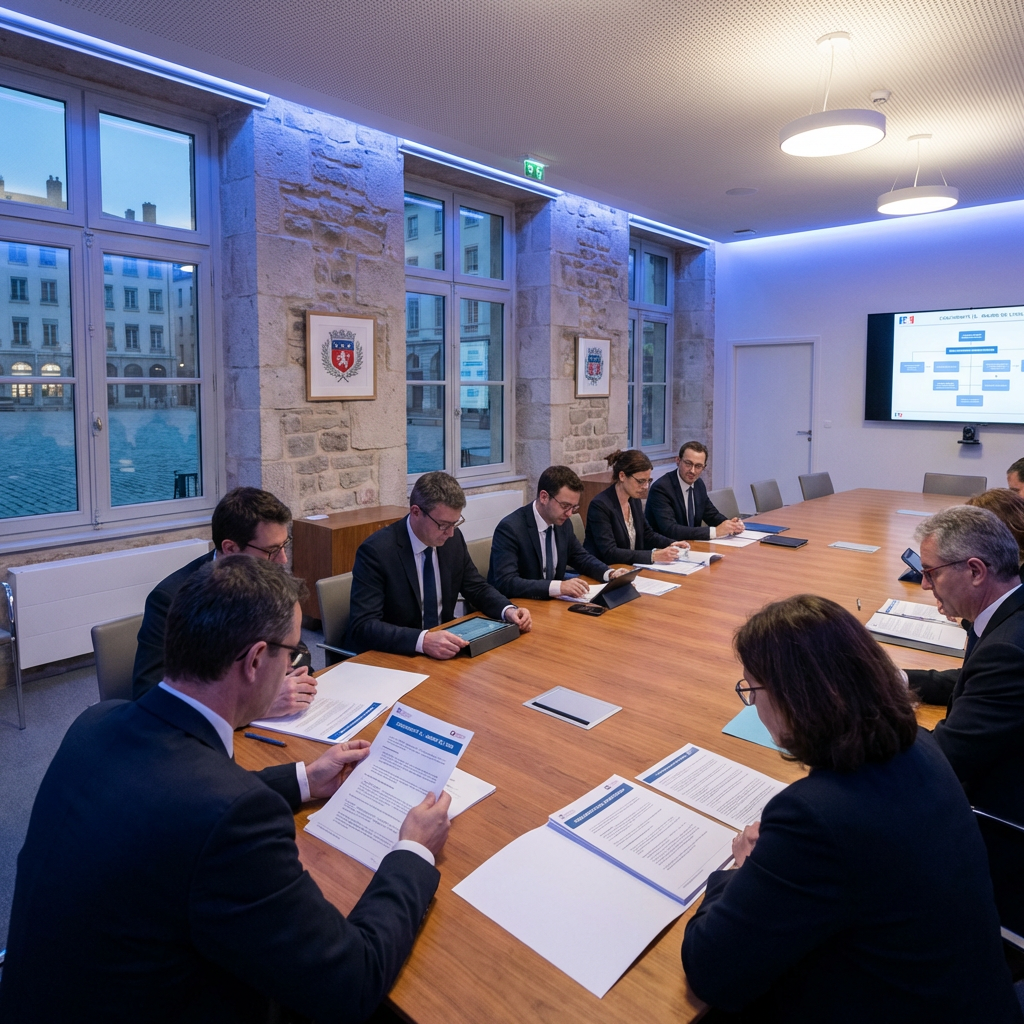 Réunion de direction en collectivité territoriale pour la mise en conformité IA Act 2026 — agents et élus autour d'une table de conseil